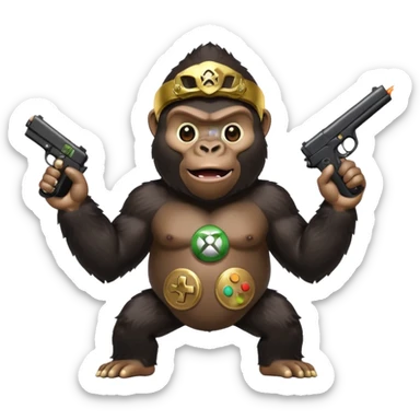 A gorilla holding a gun in the air with a Xbox controller  sticker