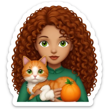 Woman light brown skin long dark curly hair, green eyes, with a cat sticker