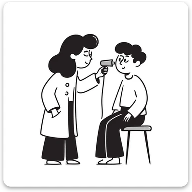 Doctor examining patient's skin with dermatoscope, skin cancer screening test sticker