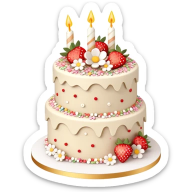 Layered aesthetic beige and white birthday cake with buttercream frosting flowers and sprinkles and strawberries, 3D sticker