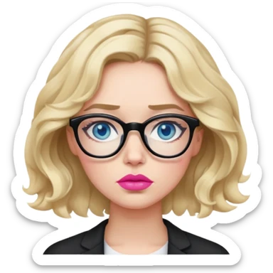 Blonde woman with short wavy hair, blue eyes and pink lips wearing black glasses looking really tired.   sticker