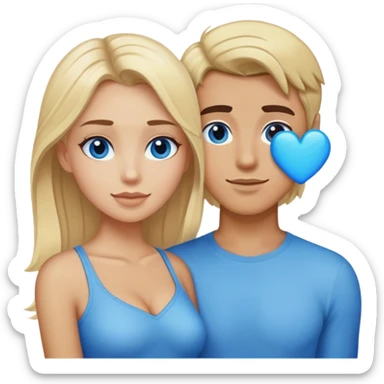 One blonde women with a brunette man in her side and in the middle a blue heart emoji  sticker