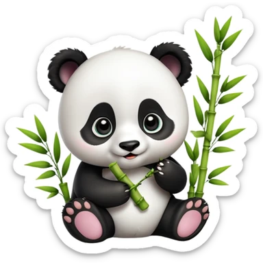 A 3D baby panda sitting and happily eating bamboo, big shiny eyes, cute and cartoonish style, soft lighting, high quality sticker