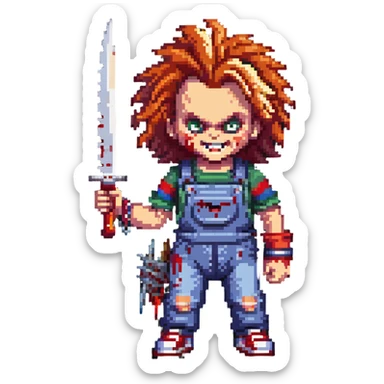 Chucky with wild hair, evil grin, holding a bloody knife sticker