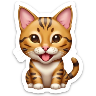 Cinematic Cute Bengal Cat Portrait Emoji, Head tilted playfully and yawning, sleek spotted brown and gold tones, Simplified yet adorable features, highly detailed, glowing with a warm, friendly glow, high shine, curious and affectionate, stylized with a touch of whimsy, bright and alert, soft glowing outline, capturing the essence of a mischievous yet loving kitten, so endearing it feels like it could leap out of the screen and stretch! sticker