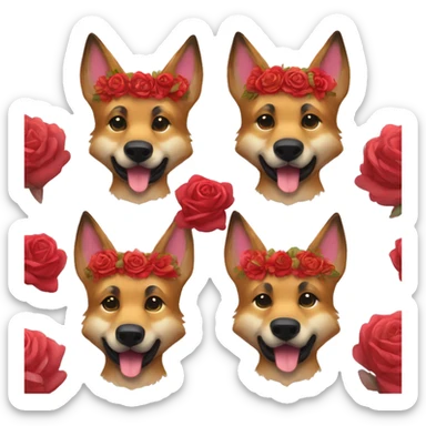 Brindled German shepherd fox carrying glowing red lantern, fairy lights, rose flower crown sticker
