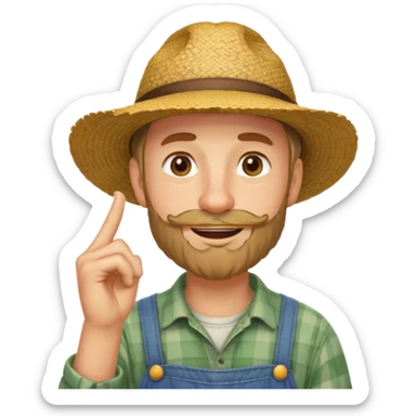 “A single emoji-style character combining 👨‍🌾😄 and 🤔: a smiling farmer man with a straw hat, friendly face, and light beard, holding one hand under his chin in a thinking gesture. His index finger rests under his face, eyes looking slightly upward as if thinking.  sticker