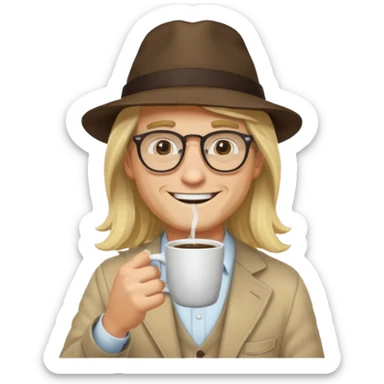 long hair blonde man drink coffe with hat and glasses sticker