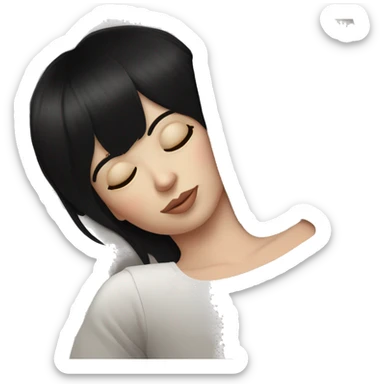 Woman pale skin black hair with bangs sleeping in bed, white woman sticker