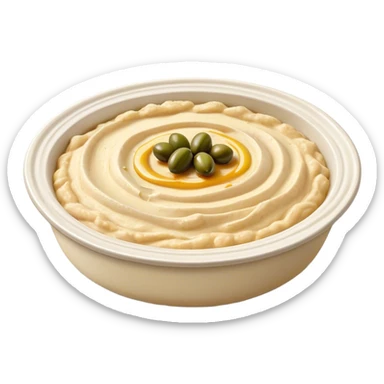 Cinematic Realistic Hummus Dish Emoji, depicted as a creamy chickpea dip drizzled with olive oil rendered with rich textures and warm, inviting lighting. sticker