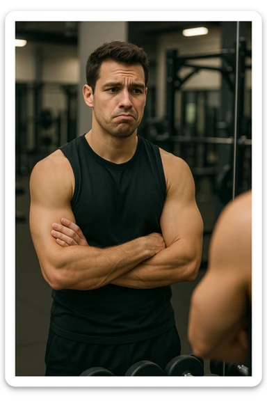 athletic man in gym inspired by reference photo, looking at mirror with doubtful expression, undecided about effort level, gym equipment in background, vertical format sticker