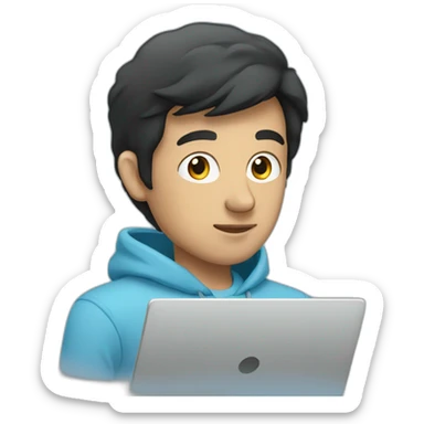 man without beard with sky blue hoodie with black hair working on laptop sticker