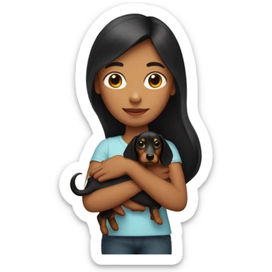 a girl with long dark hair and a dachshund in her hands sticker