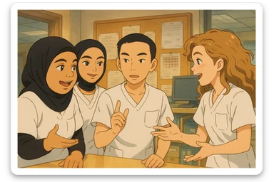 Four nursing students inspired by the four provided faces, in lively discussion in a care station, in Ghibli style. They wear short-sleeved white uniforms, medical tunics with V-neck and left chest pocket, no stethoscopes or clothing extending beyond sleeves. Dynamic scene of teamwork. sticker