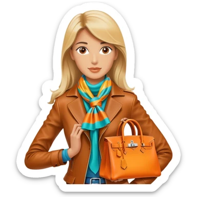 Elegant and tan equestrian woman wearing a leather Hermes jacket and a multicolored silk scarf around her neck. She has an orange Hermes Birkin Bag. I want the image to be close up, starting from the waist up.  sticker