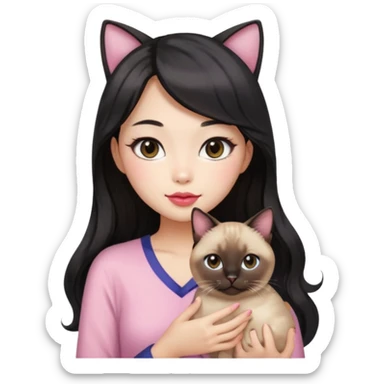 Asian woman with fair skin holding a Siamese cat, black see-through bang front hair, long wavy hair, round brown eyes, light pink blush, pink lips, warm atmosphere, Apple emoji style sticker