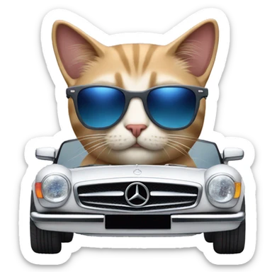 cat driving an mercedes with sunglasses on but he sunglasses are red and blue sticker