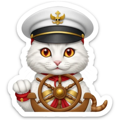 a devlish looking kitty cat at the helm of a catamaran driving it sticker