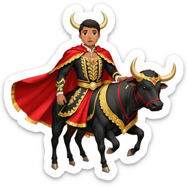Create a realistic image of a traditional bullfighting scene in a Spanish arena.
Show a bullfighter (matador) HOLDING a red cape (muleta) not wearing one. as a powerful black bull charges toward it. NOT riding the bull. sticker