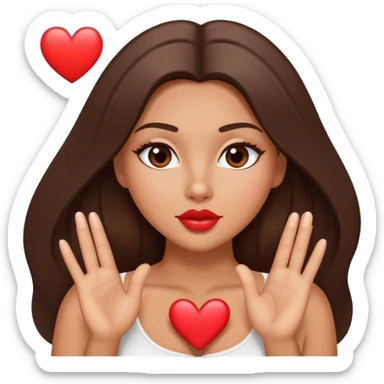 tanned beautiful girl kiss with pump lips and brunette straight long hair showing heart sticker