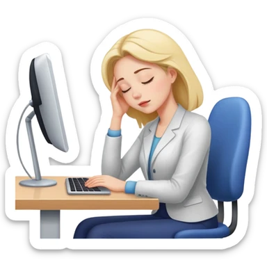 Woman dozing off at workspace with computer sticker