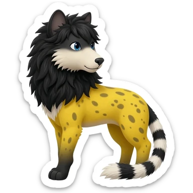  cool beautiful elegant spotted hype-realistic, black-maned, vibrant yellow Genet-Serval-Sergal-Margay-Fox-Wolf-fusion-hybrid-furry-fursona, black scruffy mane on back, long muzzle snout, full body, with a long puffy fluffy black-and-white-striped tail, black long big ears, with natural blue eyes sticker