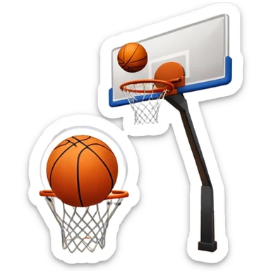 A close-up shot of a basketball entering the hoop, with the ball swishing through and inside  the basket. The background features a blurred basketball court, emphasizing the perfect shot and the excitement of the game. sticker