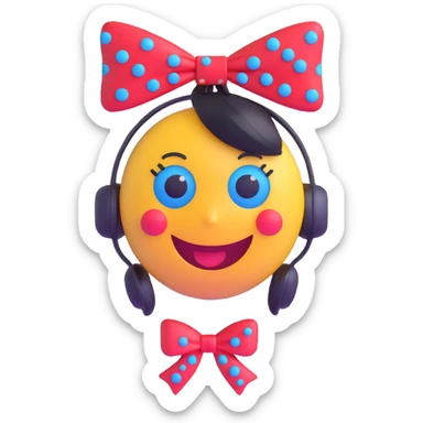 3D smiley emoji, large eyelashes, red polka dot bow, nervous, side-looking eyes, blue eyes, musical notes sticker
