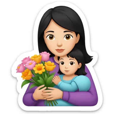 black haired mother with a child holding flowers sticker