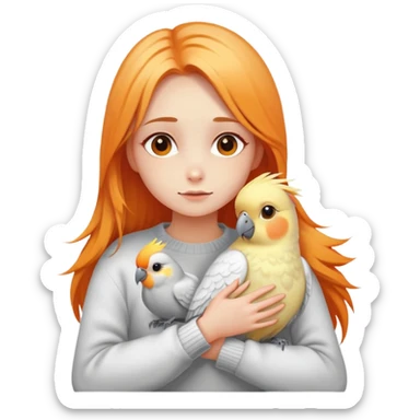 a girl with long orange light hair, in a white sweater, hugs two cockatiel bird, one yellow and other yellow with gray sticker