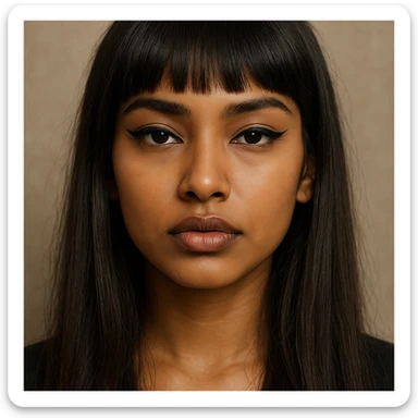 portrait of an Indian girl with straight long hair and a fringe, big lips, slightly slanted eyes, winged eye liner, detailed face, realistic style sticker