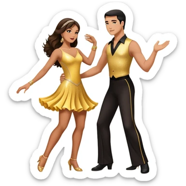 Photorealistic dancesport professional latin couple dancing the samba at the competition dancefloor, the women is in skinny sparkly dress, , the women has brown long hair, the man has short black hair, the man hold woman's hand by his one hand and his second hand is on the women's waist  sticker