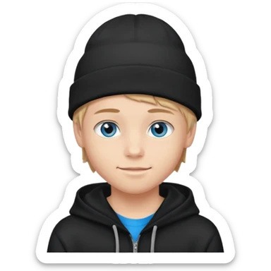 handsome and young teen pinterest boy good at fashion. popular among 'that brat girl', wearing hoodie (no blue) and beanie with blue eye  and little smile  sticker