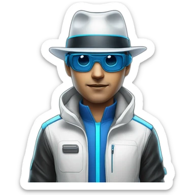 white man with blue/black high tech gear on face and with fedora hat with fast sci-fi glasses sticker