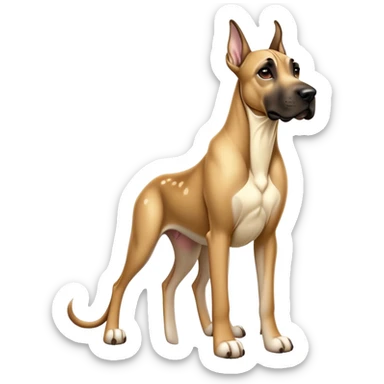cinematic-[fawn great dane]-realistic-full-body-sitting-emoji,-tail-resting-loosely-beside-its-paws,-head-tilted-dramatically, ears down-sleek-[fawn]-fur,-simplified-yet-realistic-focused-features,-highly-detailed,-glowing-with-an-almost-sarcastic-glow sticker