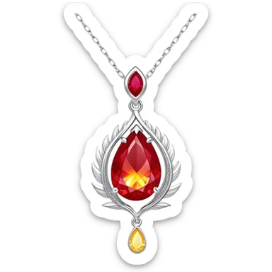 close-up teardrop ruby pendant with fiery light, yellow glow, tiny phoenix feather, shimmering white stones, silver chain sticker