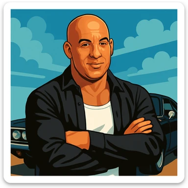 Vin Diesel wearing a white tank top and a black jacket, standing in front of a black car, realistic cartoon style sticker