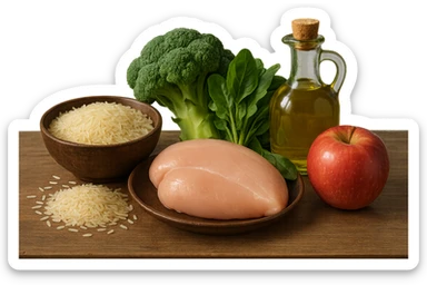 Riso basmati
Petto di pollo
Verdura fibrosa verde
Olio EVO
Mela
poggiati sul tavolo sticker