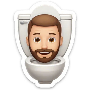 A toilet with a guy with a brown beard and light skin’s head sticking out of it, smiling sticker