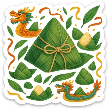 zongzi tied with string, surrounded by festive Dragon Boat Festival decorations sticker