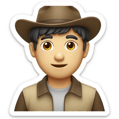Face emoji, boy in hat with fair skin and dark hair, holding laptop sticker