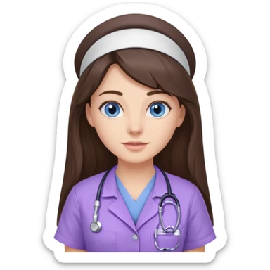 pretty brunette nurse with long hair and blue eyes in lilac scrubs sticker