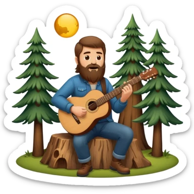 forest sticker character, bearded man with long brown hair playing acoustic guitar by pine trees sticker