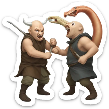 two hobbits fighting an alaskan bull worm sticker