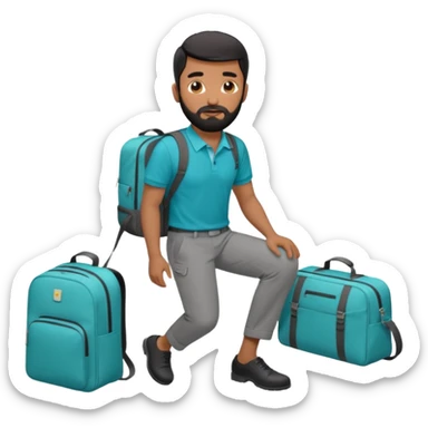 man with black short male hair and black hair and beard and hes in a office with his grey backpack on the floor and he has a tourquose polo shrit with gre dress pants and hes working at a hotel sticker