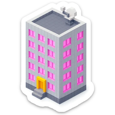 Russian panel apartment building, square block, light gray, pink glowing windows, visible entrance, satellite TV dish on the roof, isometric view sticker