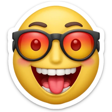3D emoji character with bright yellow face, wide open smile showing white teeth and red tongue, raised brown eyebrows, and black sunglasses, rendered in a playful and glossy style on transparent background sticker
