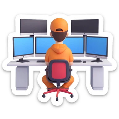 A character sitting in front of a computer with multiple monitors sticker