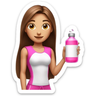 fitness girl with straight long brown hair, wearing white and holding a pink magic potion sticker