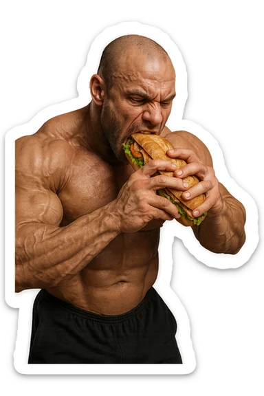 bodybuilder che mangia affamato un panino, iperrealistico 4k sticker